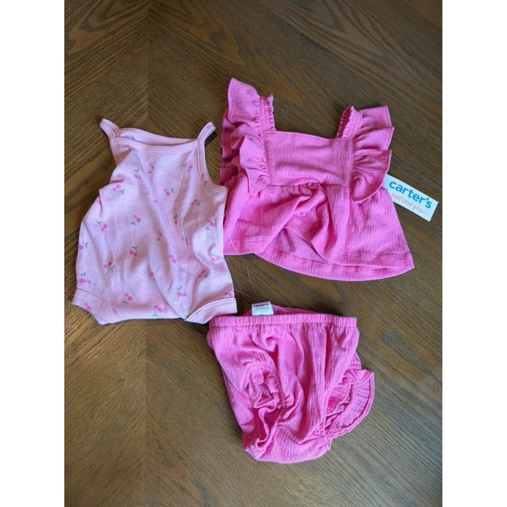 Carters Just One You Baby Girls 3 Piece Pink Cherry Bodysuit Top Bloomers Set 3M